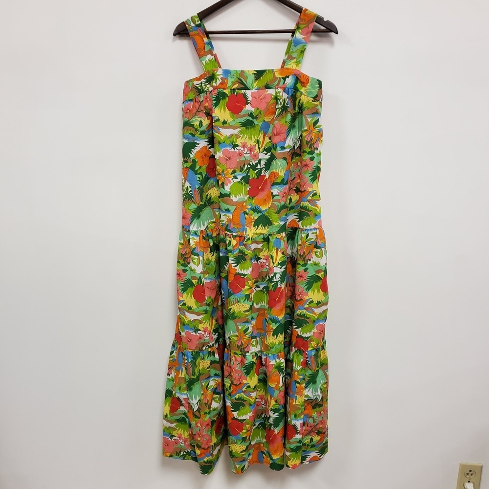 Vintage Sidon Hawaii Colorful Tiered Maxi Dress Size 14 Green Birds Floral 70s
